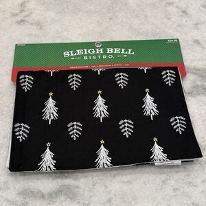Sleigh Bell Bistro Christmas Table Runner Black White Trees Gold Stars 16" X 80"